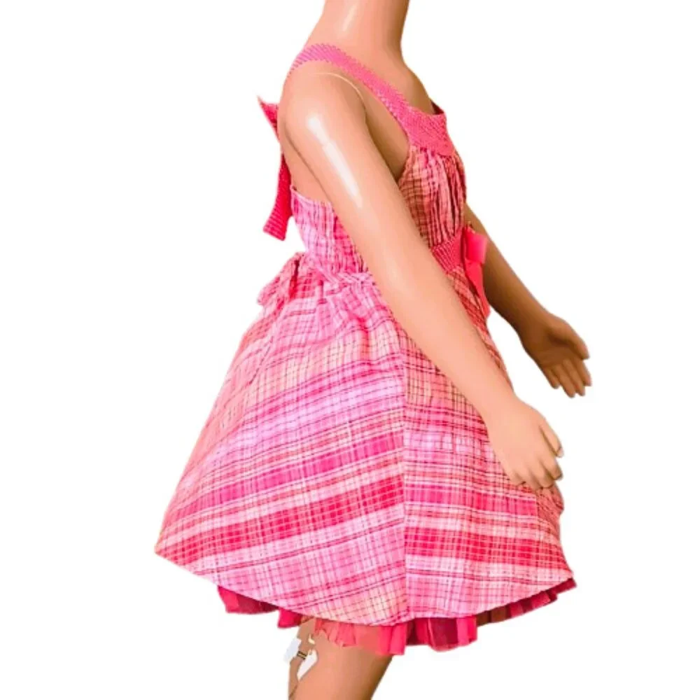 Jenny & Me Pink Plaid Dress 4 A Line Polka Dot Trim Tulle Hem Metallic Weaving